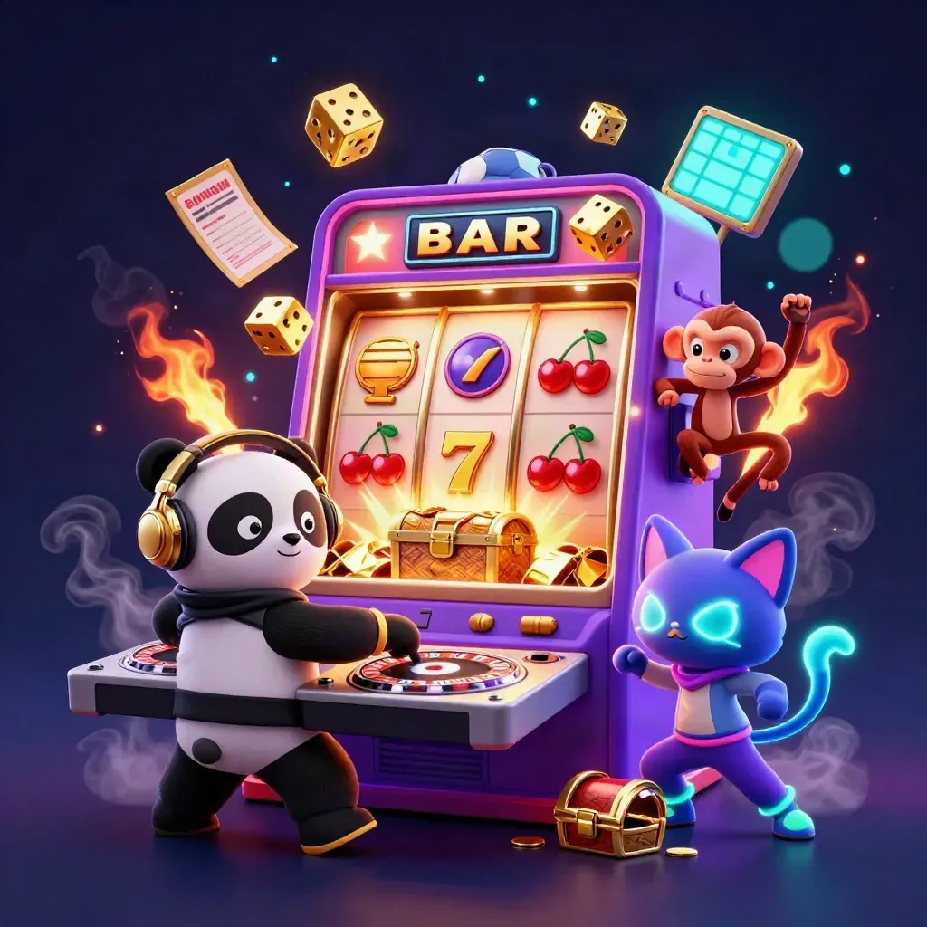 DJ panda, dancing monkey and glow-kitten amid casino bursts, dice, balls and neon smoke.