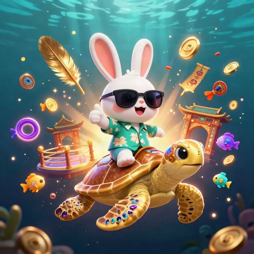 Lucky rabbit rides a gem-shell turtle through an underwater casino fantasy