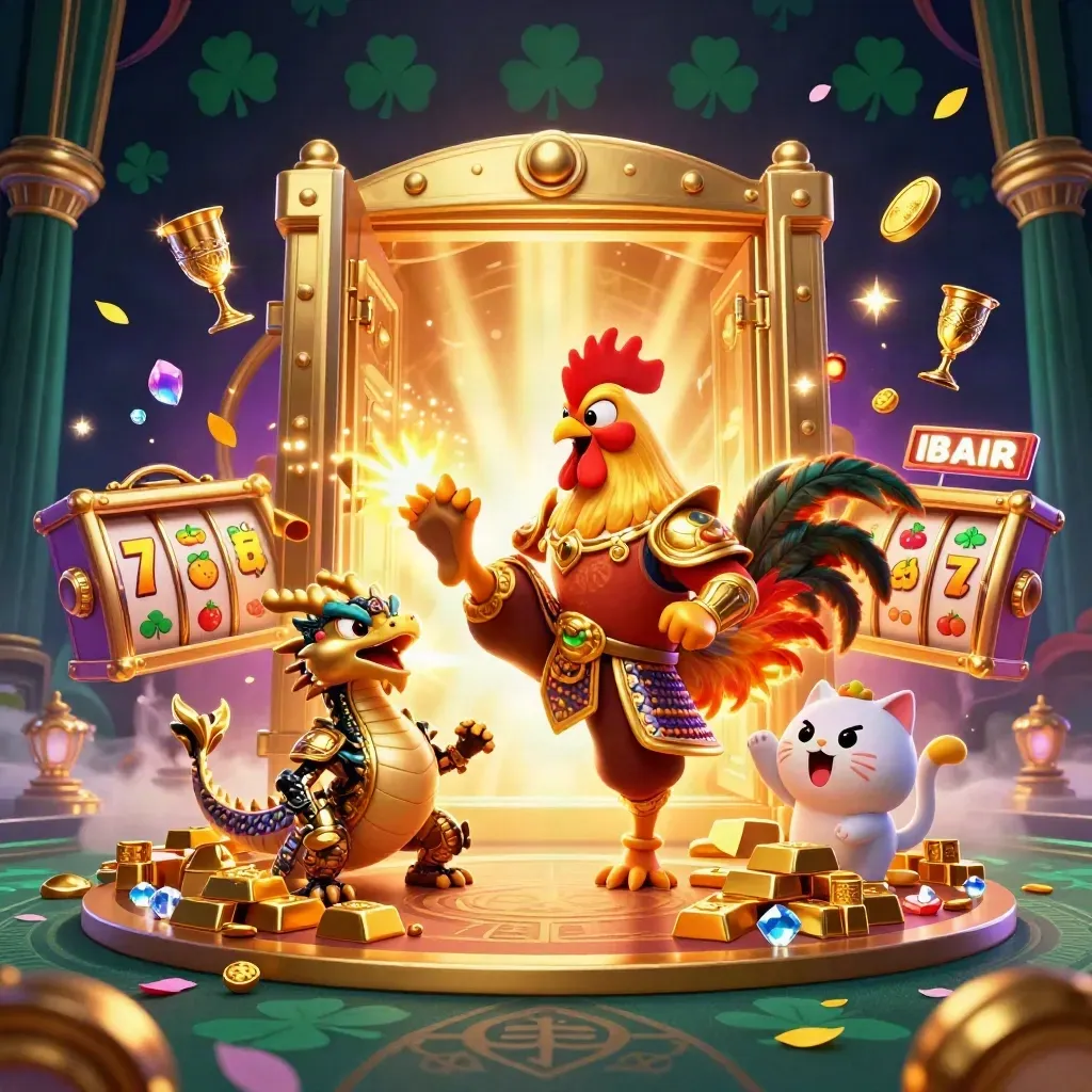 Rooster warrior, dragon hatchling, and fortune cat amid a vault of gold in casino neon.