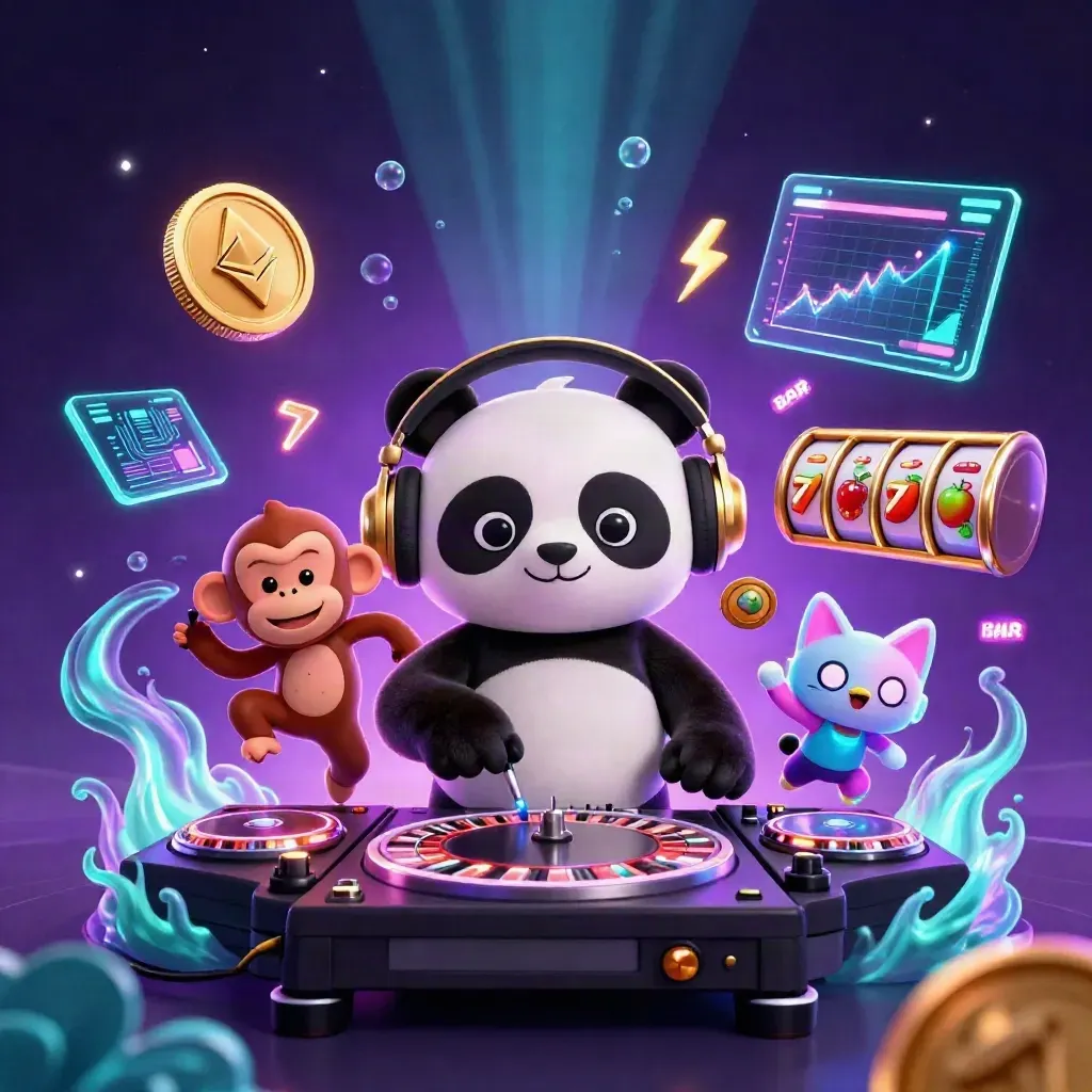 Three cartoon casino mascots DJing amid coins, reels, lightning, and neon purple-teal glow.